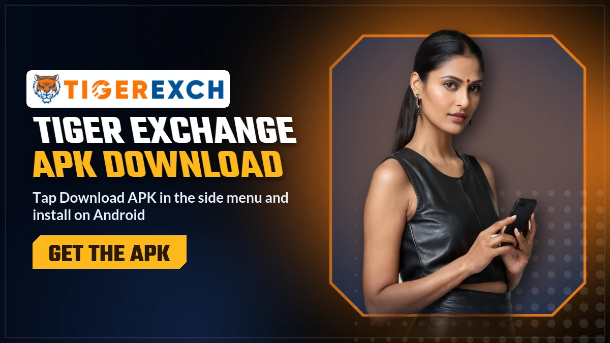 Tiger Exchange APK download banner with an Android phone and a Download APK call to action