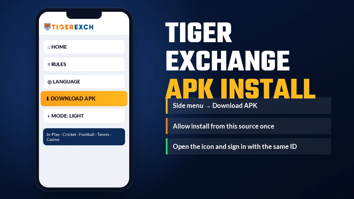 Tiger Exchange APK installed on an Android phone showing the login screen with Mobile Number and User ID tabs