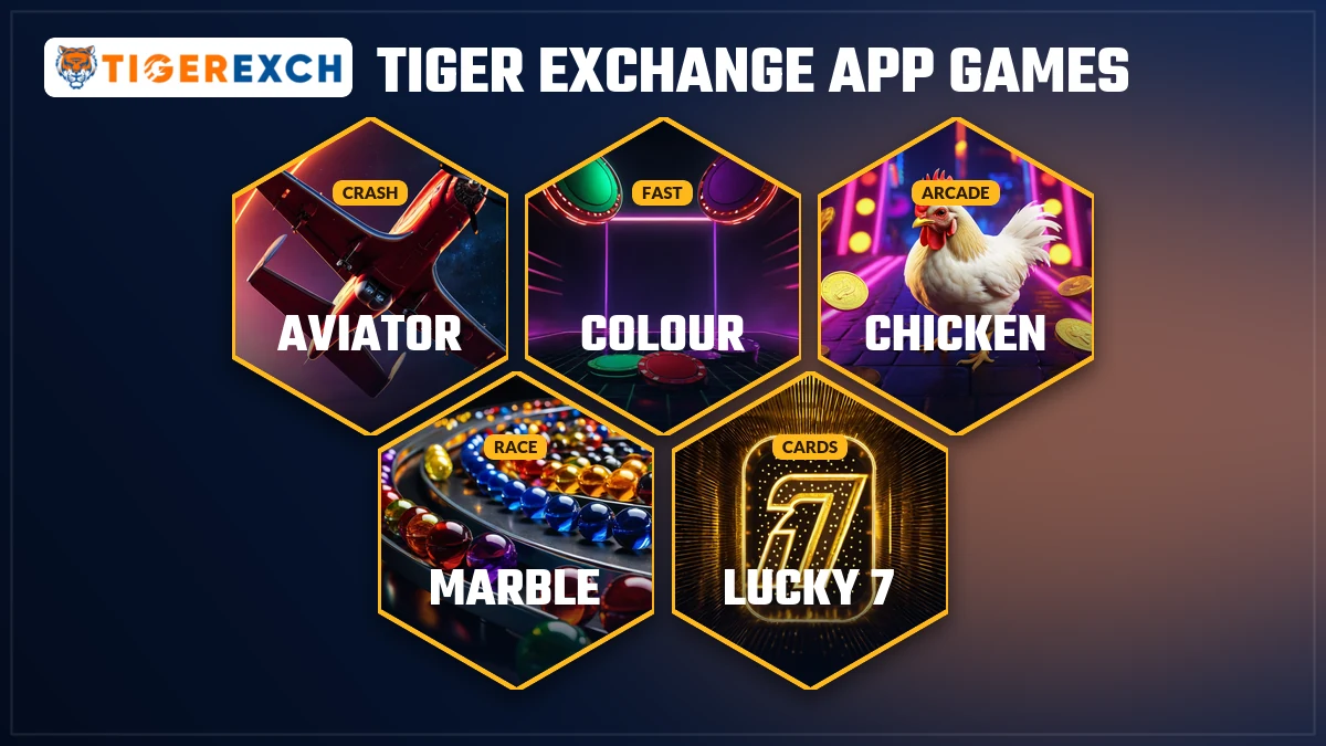 Tiger Exchange app game cards for Aviator, teen patti, roulette and andar bahar on an Android screen