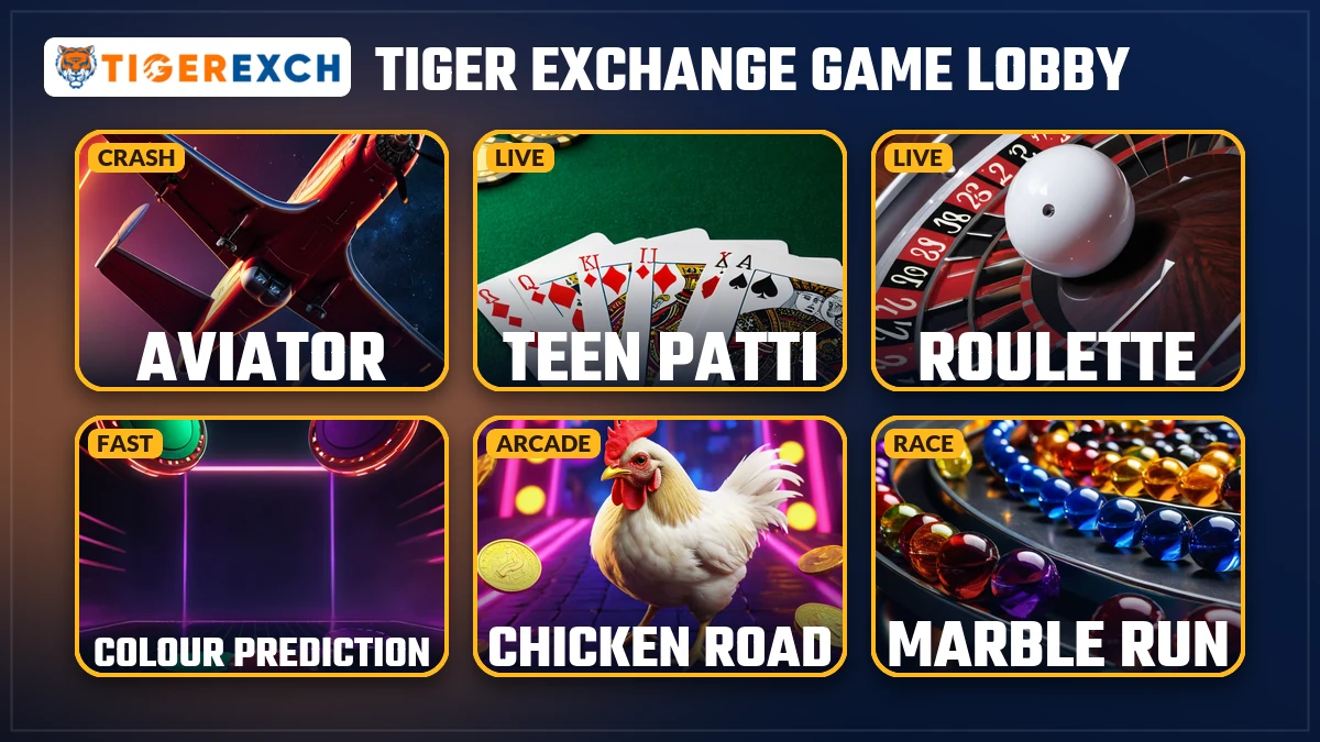 Tiger Exchange game lobby cards showing Aviator, Marble Run and Chicken Road Cross