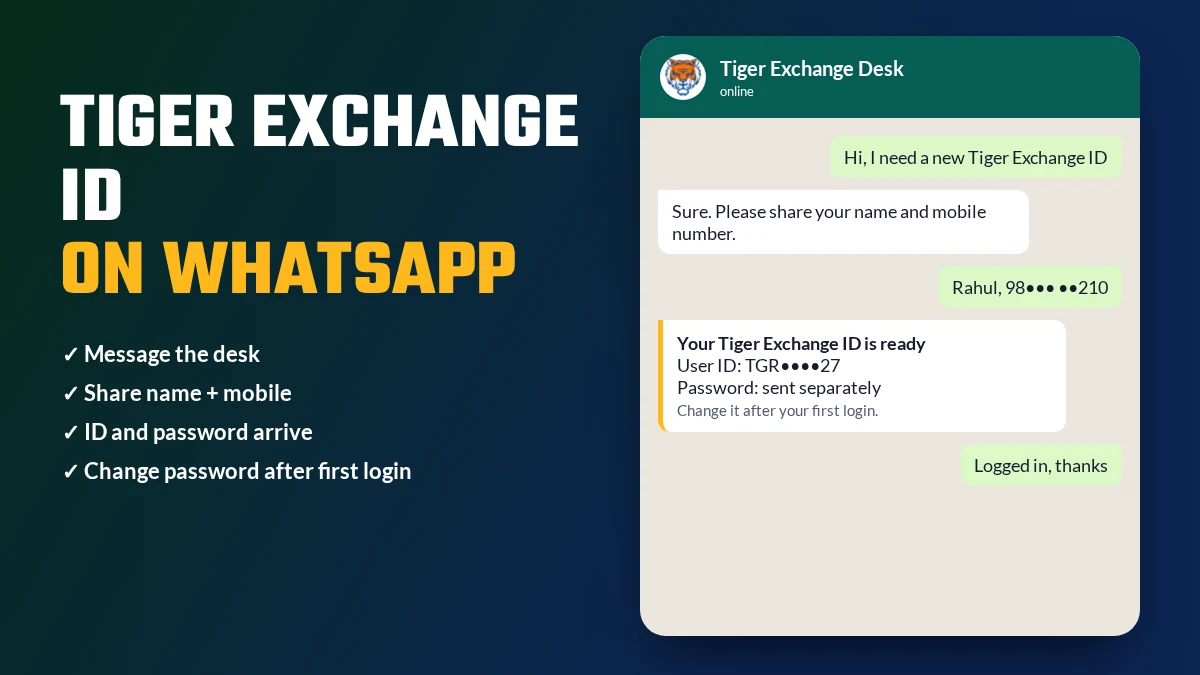 Tiger Exchange ID delivered in a WhatsApp chat from the support desk
