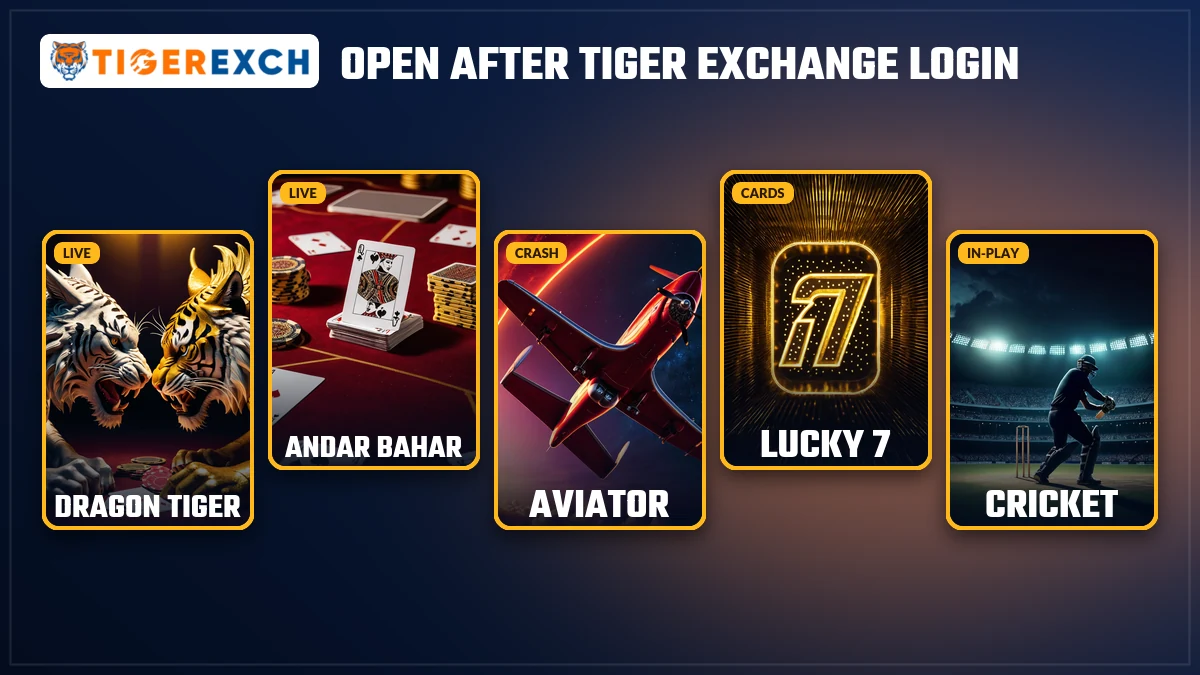 Tiger Exchange casino game cards that open after login, including Aviator and teen patti