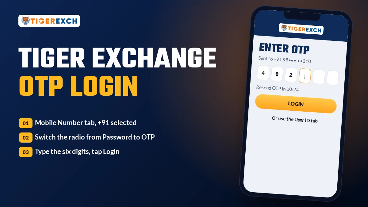 Tiger Exchange login OTP screen with the +91 mobile number field and Enter OTP box