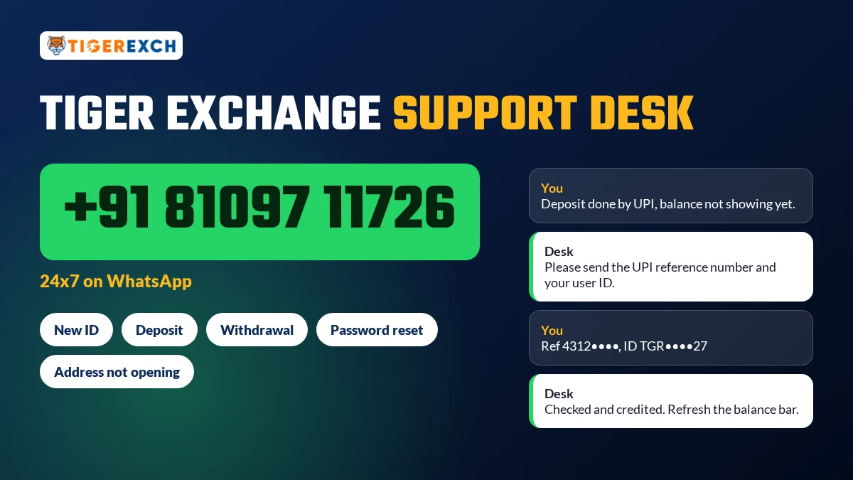 Tiger Exchange WhatsApp support chat showing a deposit query with user ID, amount and UTR