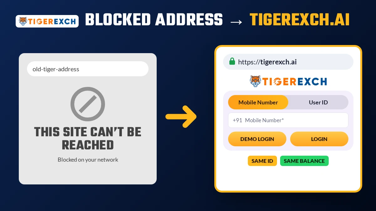 Tigerexch AI address switch from a blocked Tiger Exchange link to tigerexch.ai with the same ID and balance