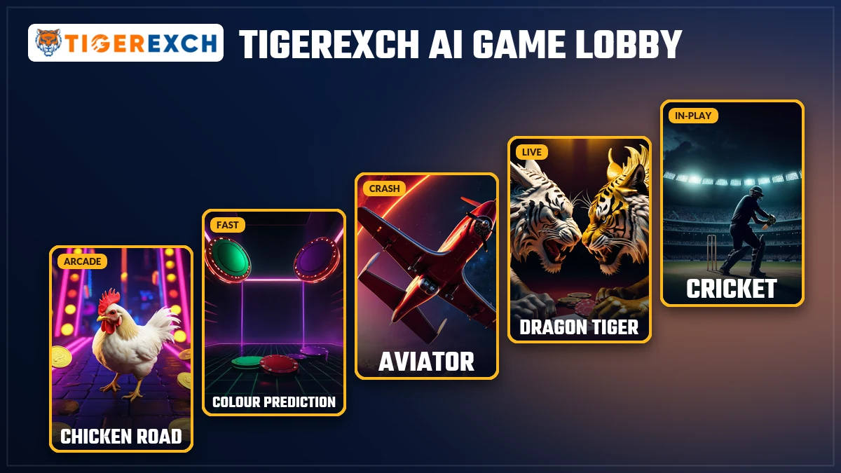 Tigerexch AI game cards for Aviator, Marble Run, Chicken Road Cross and live casino tables on Tiger Exchange