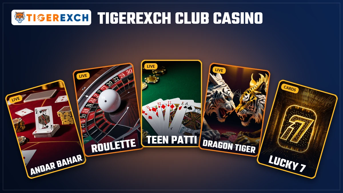 Tigerexch Club casino game cards for roulette, teen patti, andar bahar, dragon tiger and Aviator on Tiger Exchange